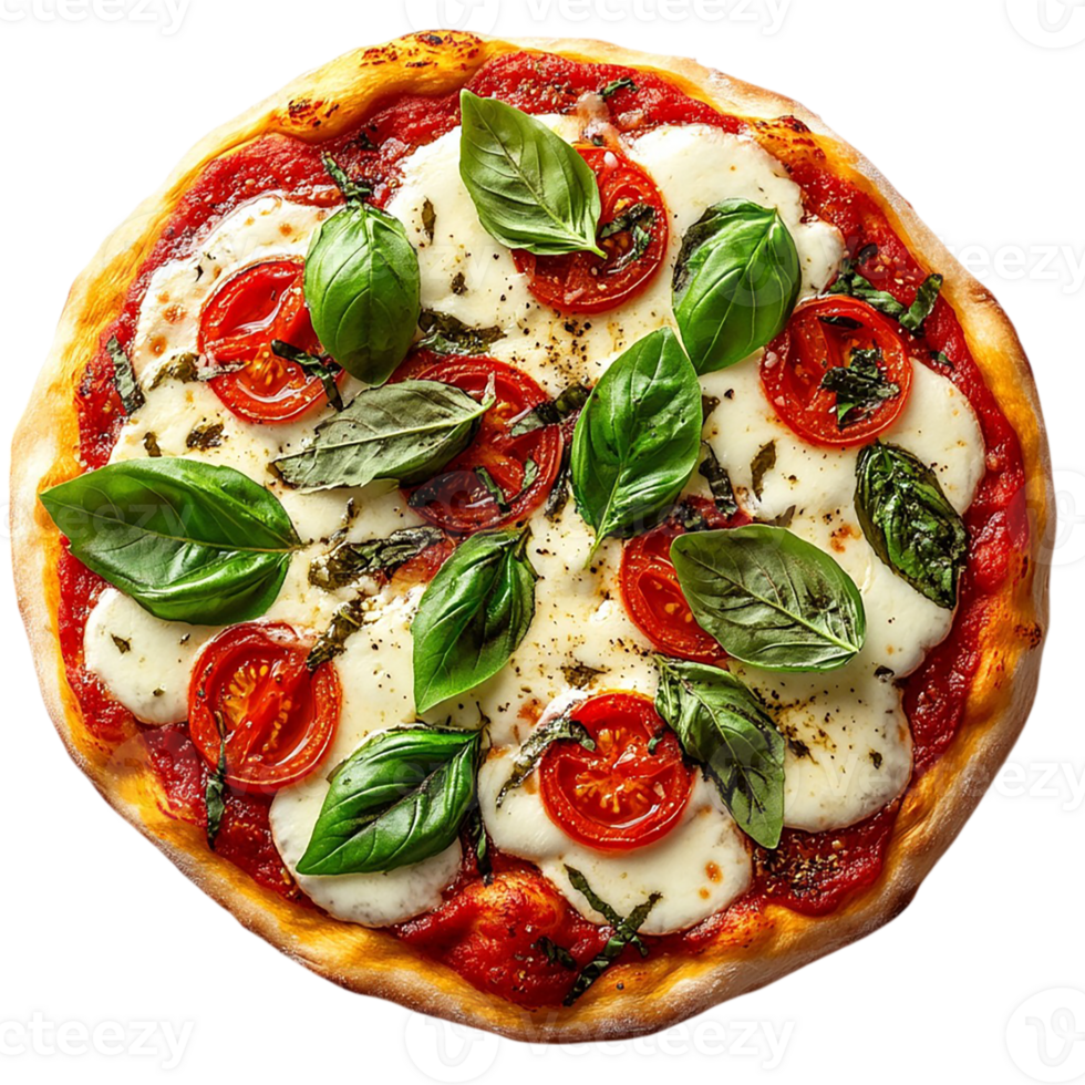 A pizza with cheese, tomatoes, and basil png