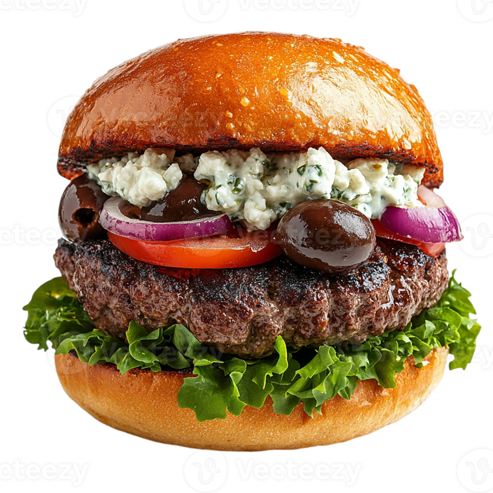 A hamburger with lettuce, tomatoes, onions and blue cheese png