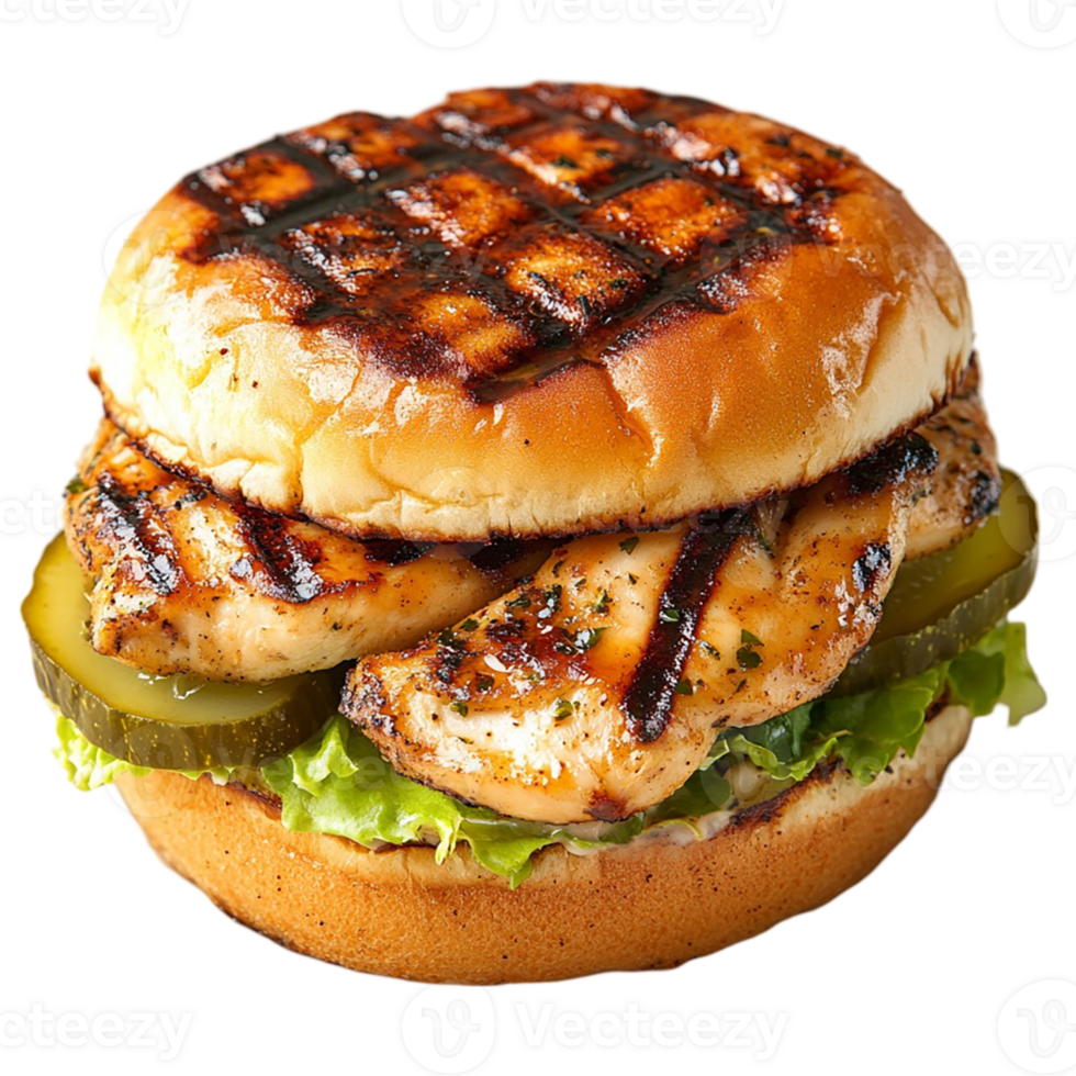 A grilled chicken sandwich with pickles and lettuce png