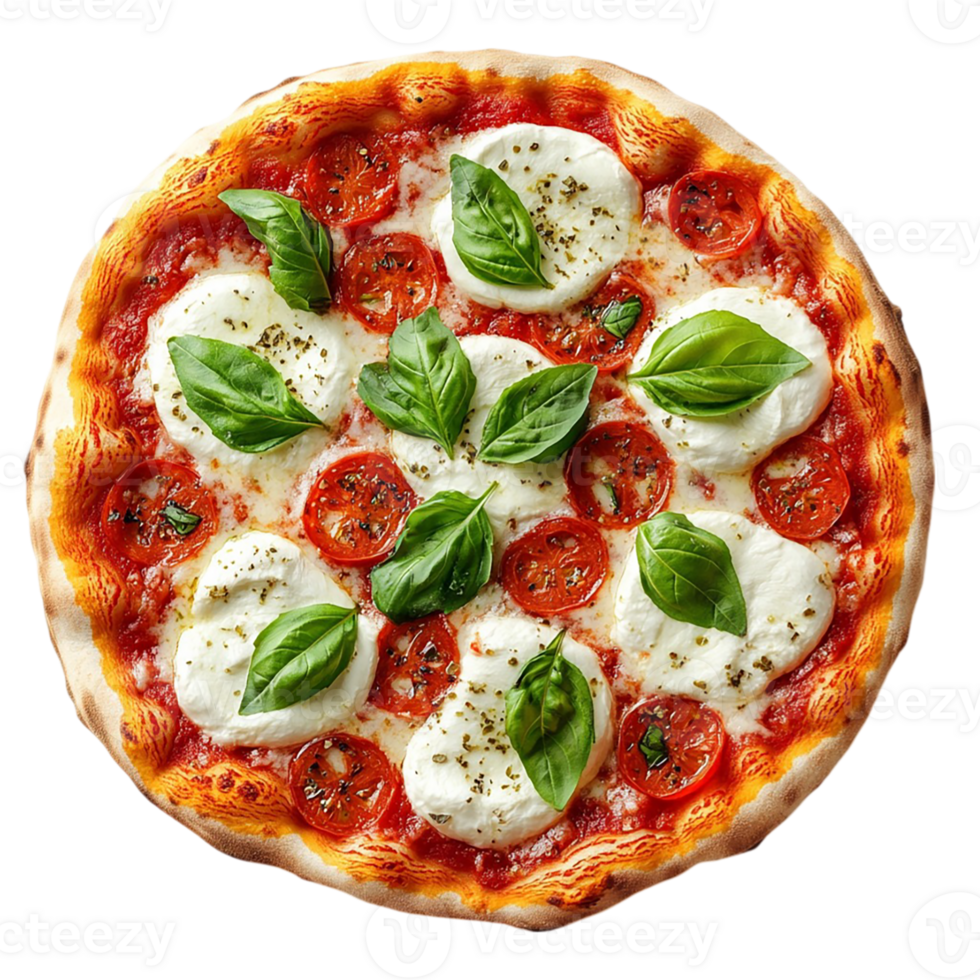 A pizza with cheese and basil png