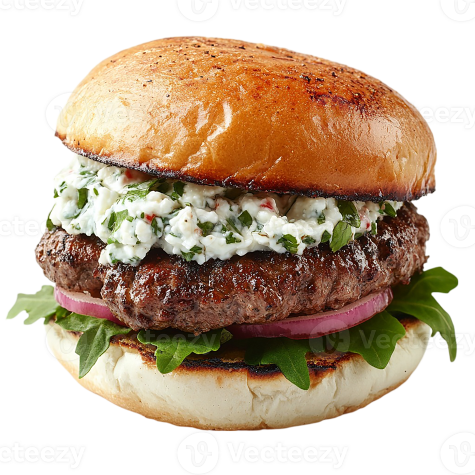 A hamburger with lettuce and onion on a bun png
