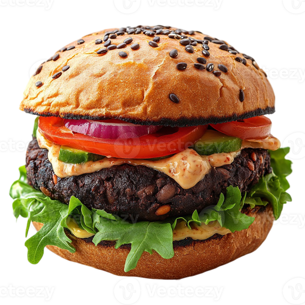 A hamburger with vegetables and a bun png