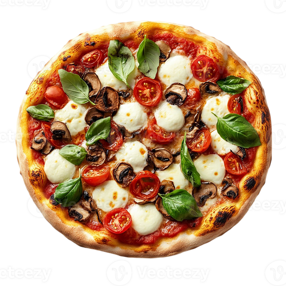 A pizza with cheese, tomatoes, and basil png
