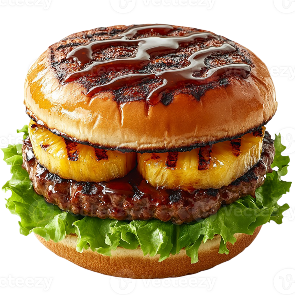 A hamburger with pineapple and lettuce on it png