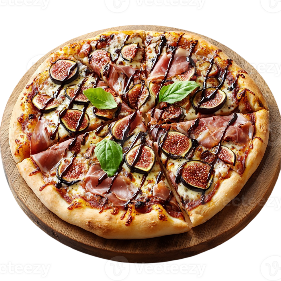 A pizza with ham, figs and cheese on a wooden board png