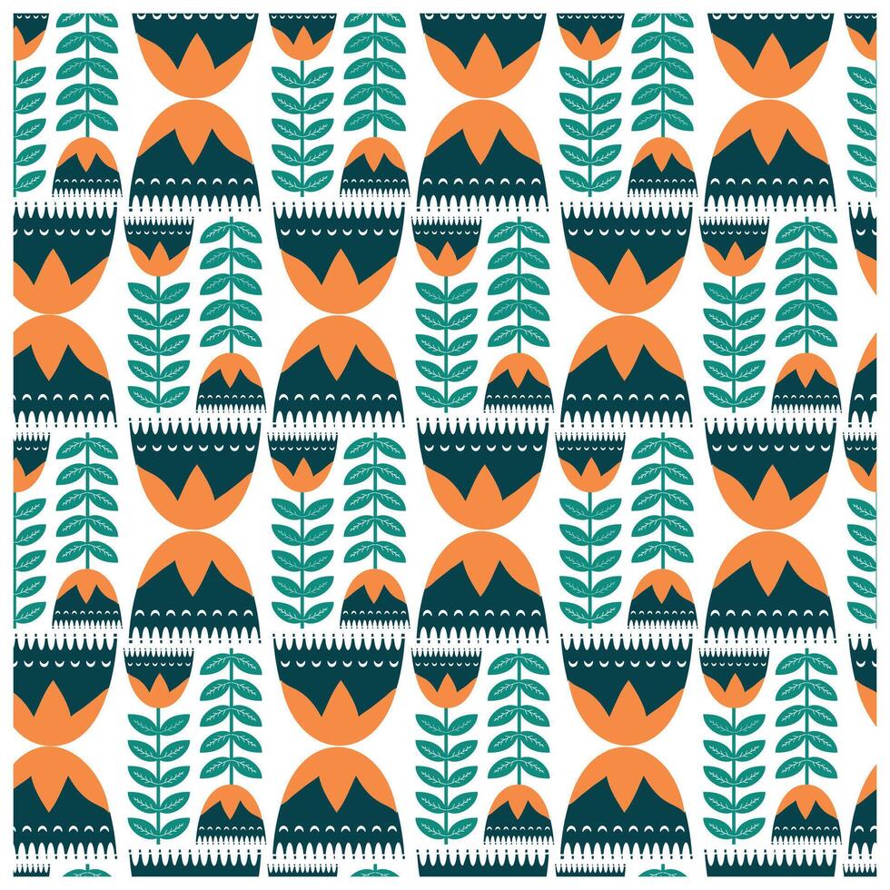 A repeating pattern of stylized green leaves and colorful geometric shapes with orange tops against a white background. vector