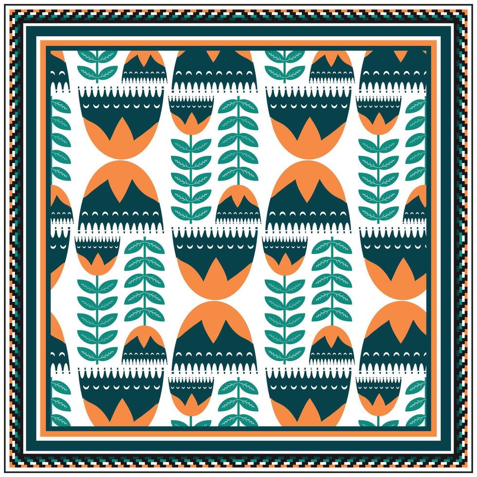 A colorful square print scarf, pattern featuring stylized orange flowers with dark green leaves, framed by a geometric border in vibrant colors. vector
