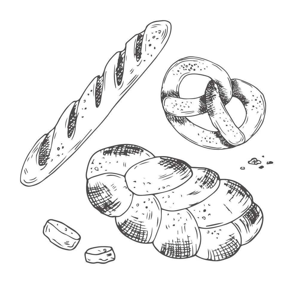 Bread and bakery food icons baked loaf, rye and wheat bread, croissants and pretzel. Braided buns and french baguette, rolling pin, toque and scoop engraving retro bakery shop assortment vector
