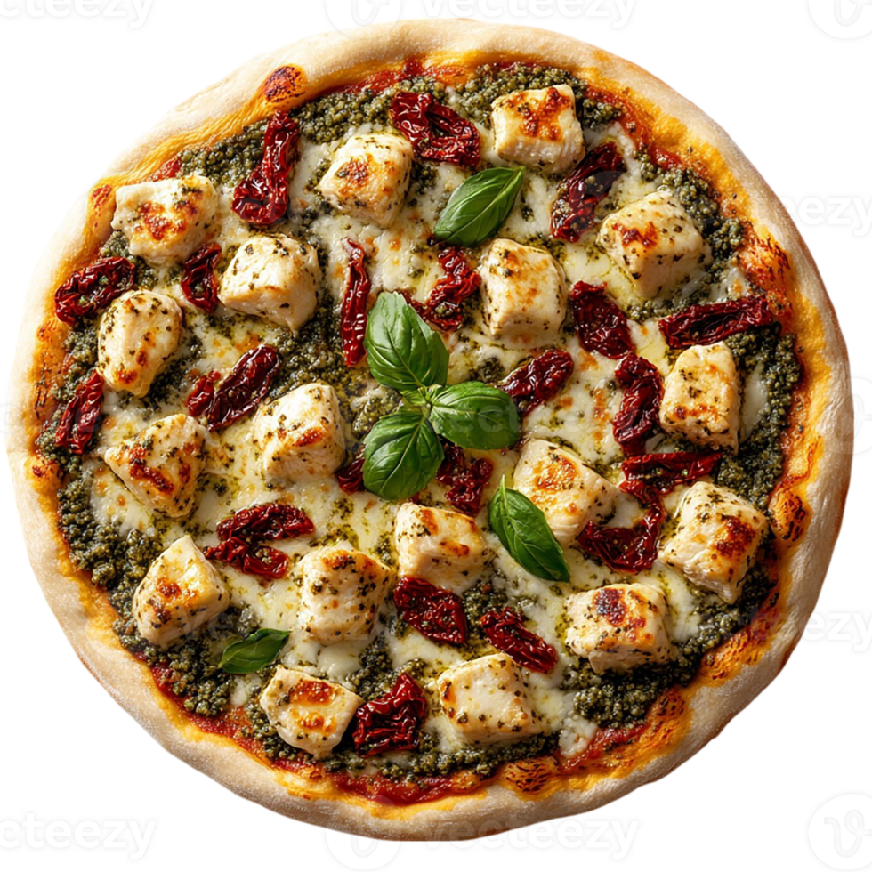 A pizza with cheese and basil png
