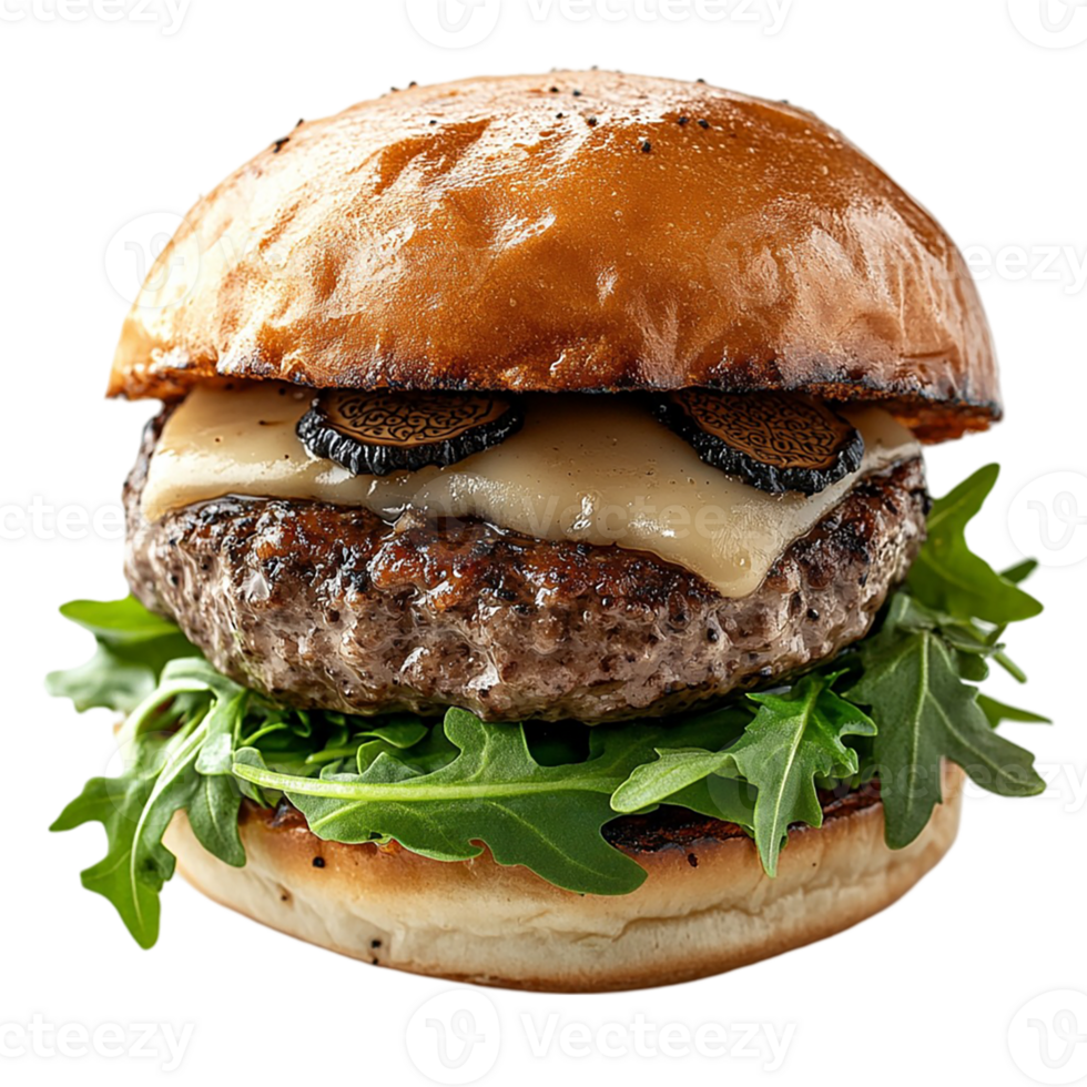 A hamburger with cheese and mushrooms on a bun png