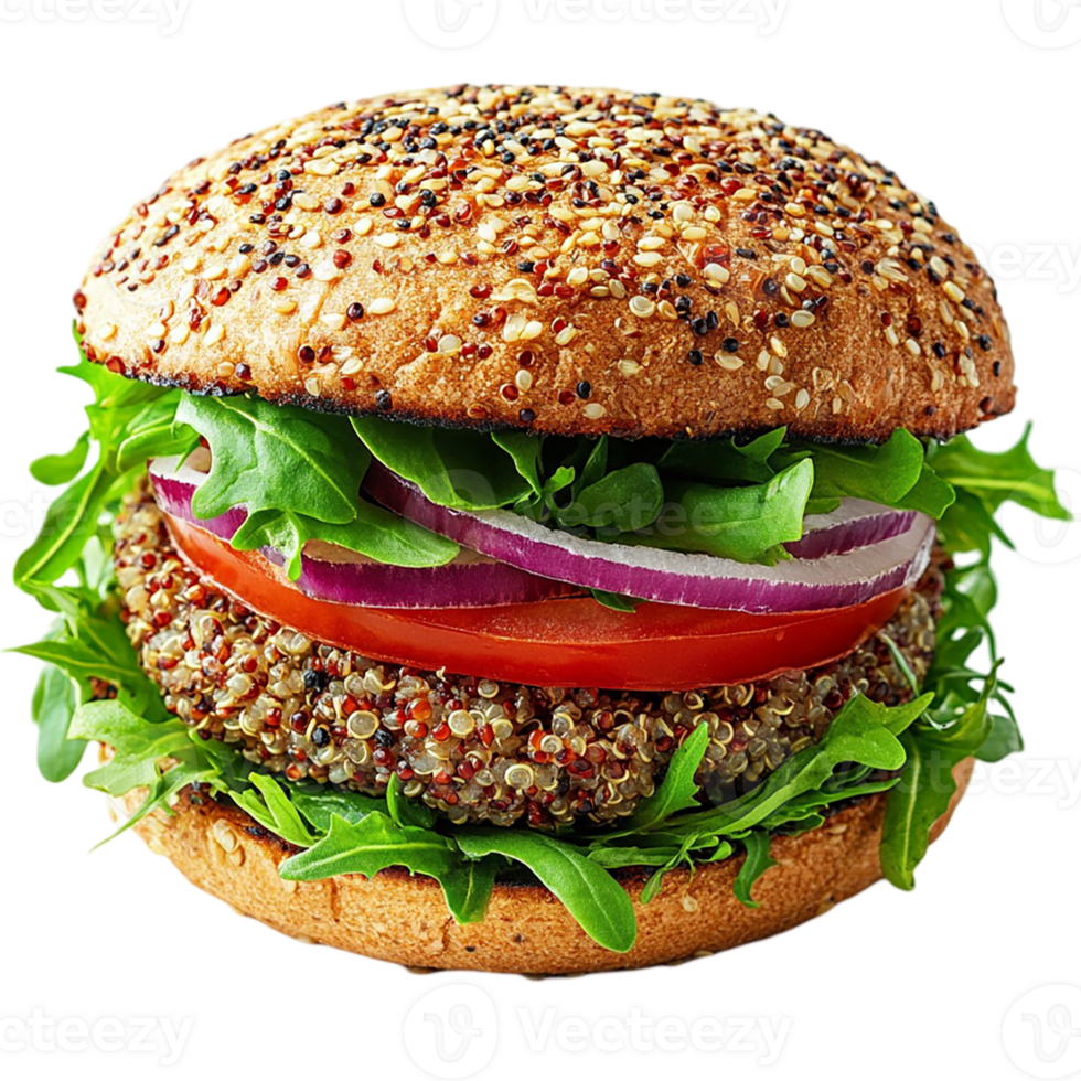 A hamburger with lettuce, tomato, onion and sesame seeds png