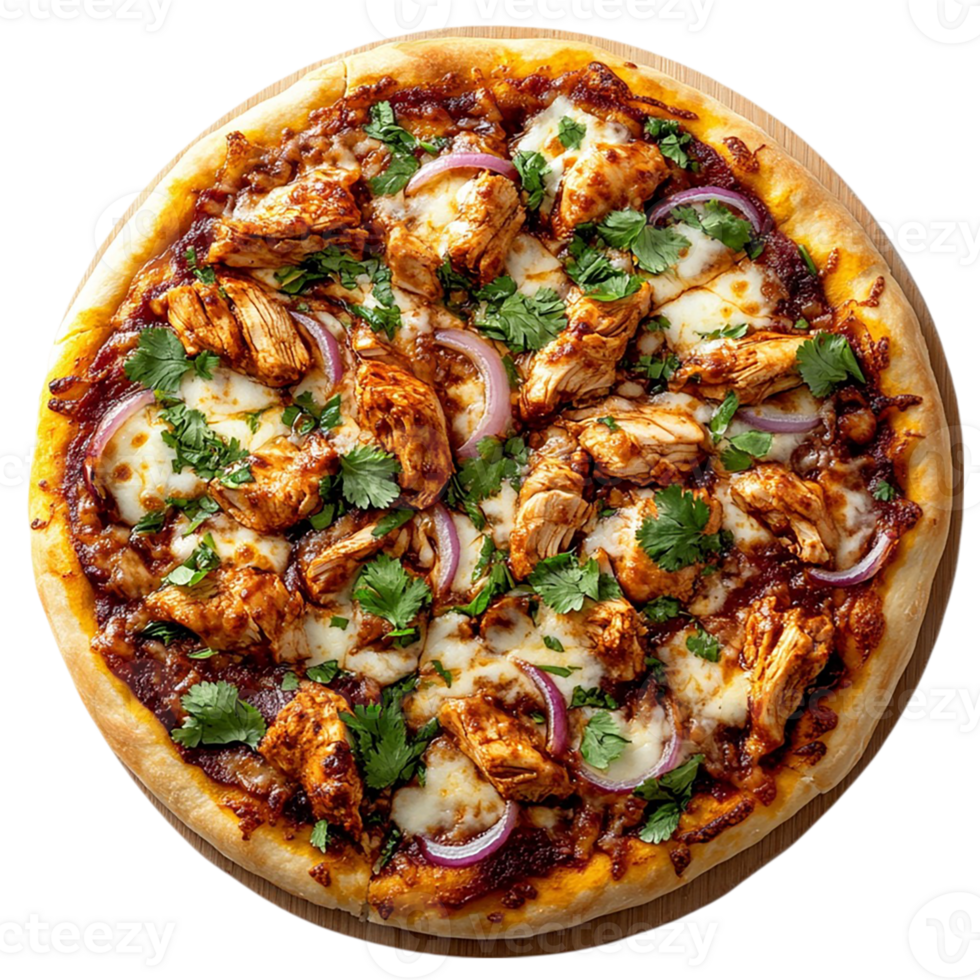 A pizza with chicken, onions and cheese png