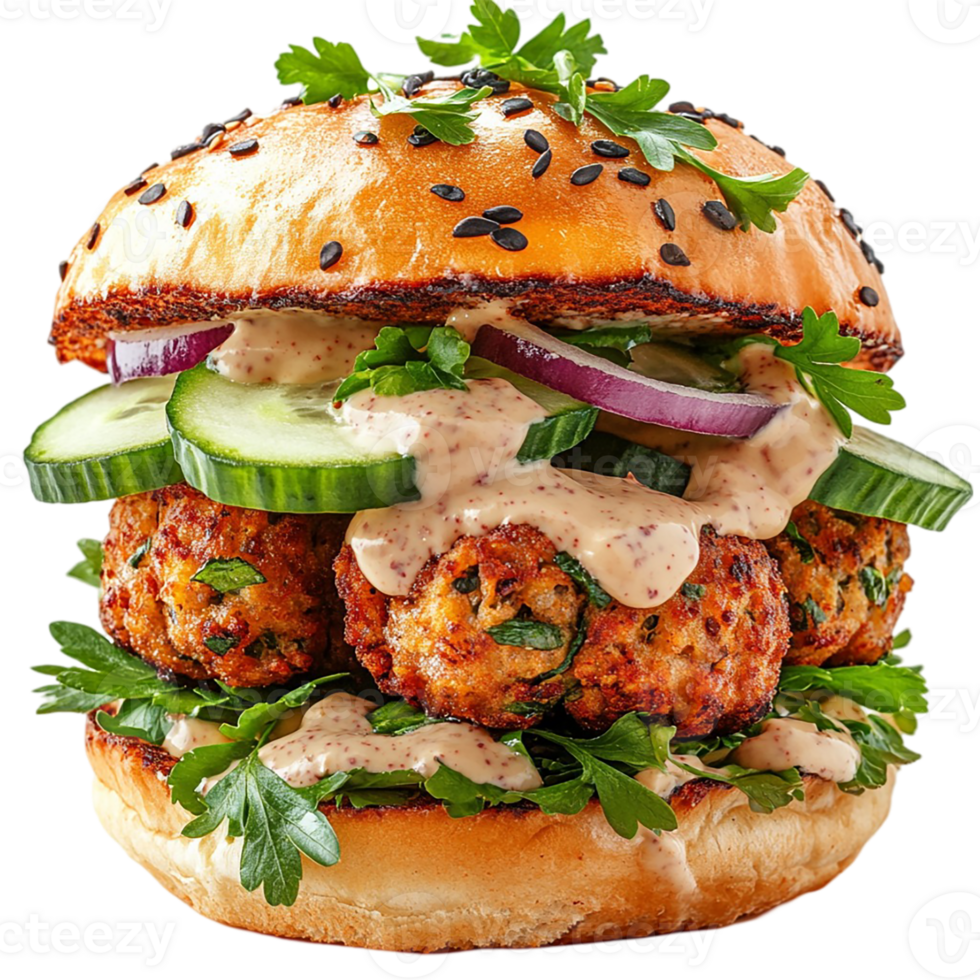 A burger with meat, cucumbers and onions png