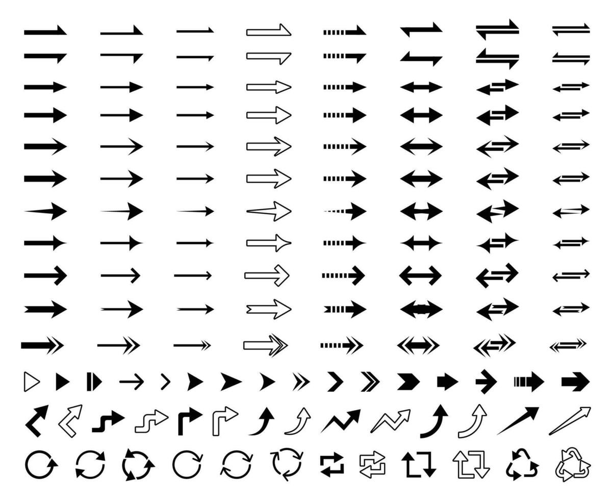 Different Arrows Set, Black Icons, Symbols, Signs On White Background vector