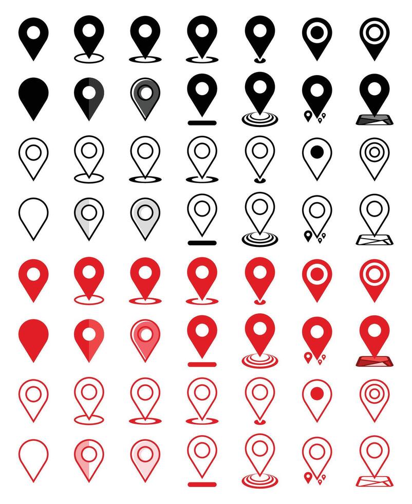 Map pin location icons set in red and black colours vector