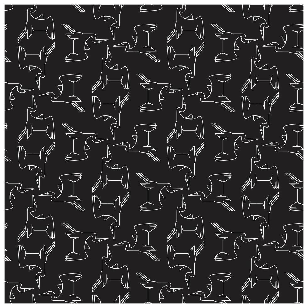 A repeating pattern of simple white outlined birds against a solid black background, showcasing various flying and standing poses. vector