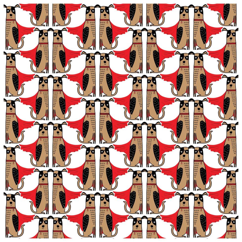 A playful pattern featuring cartoon dogs in red capes, showcasing their whimsical superhero charm against a white background. vector