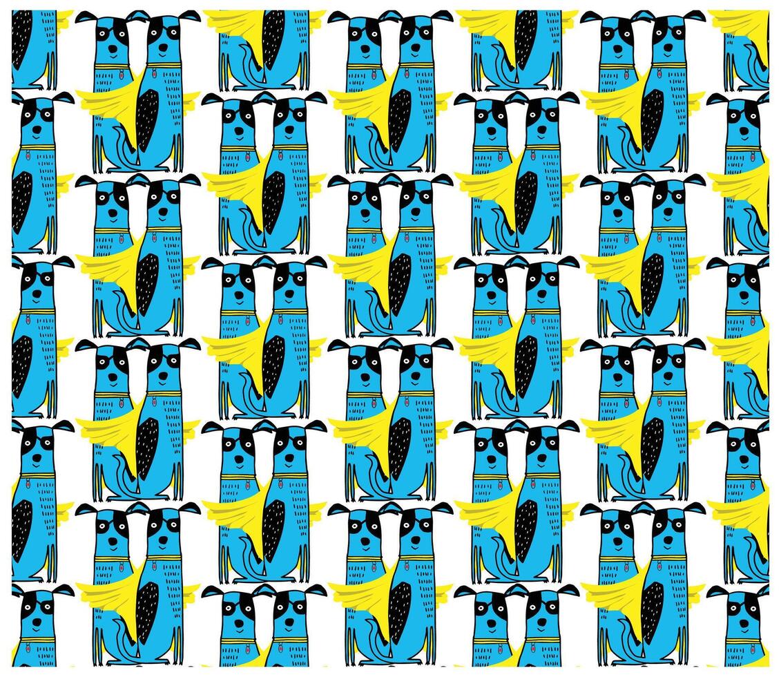 A vibrant pattern featuring pairs of stylized blue dogs with black spots, wearing yellow capes, against a white background. vector