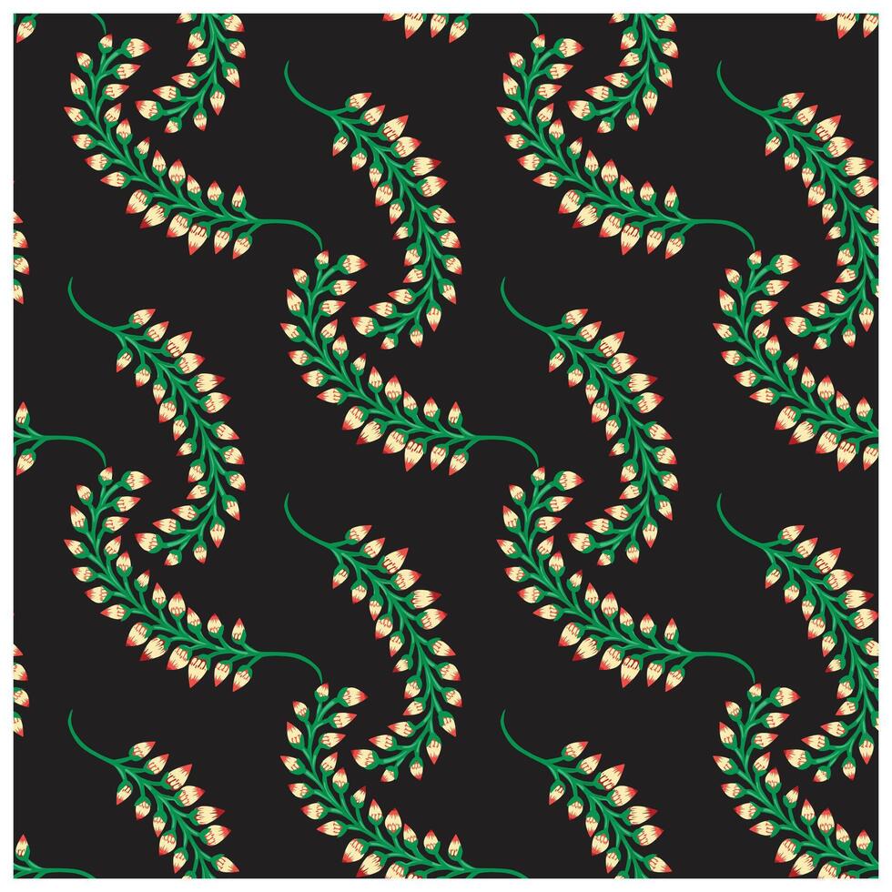 Floral pattern featuring green vines with clusters of light pink and white flowers on a black background. vector