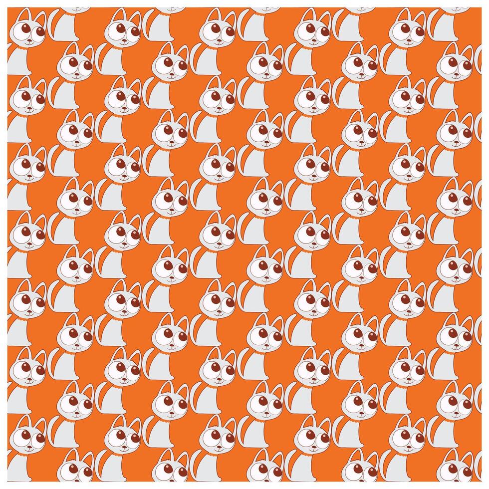 A playful pattern of cartoon cats with large eyes on an orange background, featuring various poses and expressions. vector