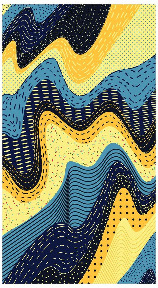 Abstract pattern featuring stylized faces outlined in bold colors and intricate textures, merging yellow, blue, and navy hues. vector