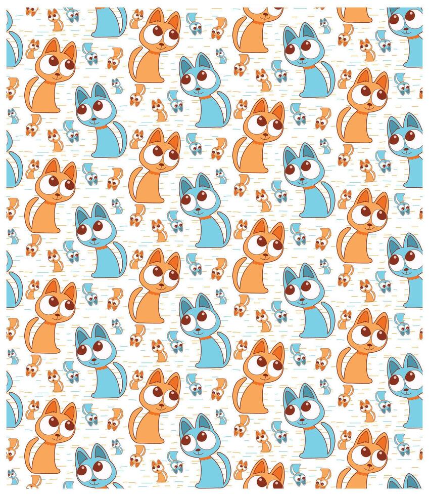 Colorful cartoon cats in orange and blue, repeating pattern on a light background, showcasing playful expressions and designs. vector