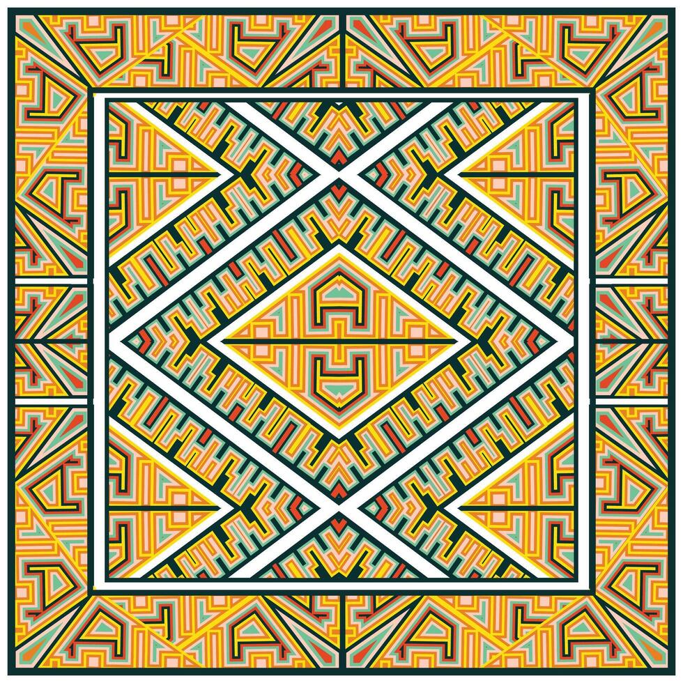 Intricate square print scarf geometric pattern featuring vibrant yellow, green, and red lines, forming a central diamond within a square border. vector