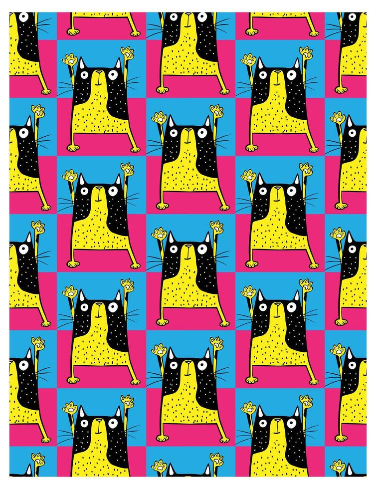 Colorful patterned design featuring quirky cartoon cats with raised paws, against a bright blue and pink background. vector