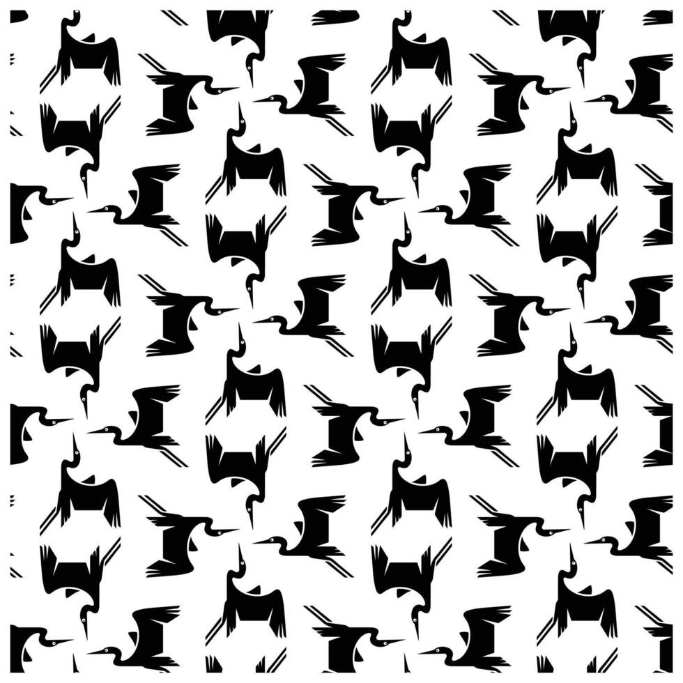 A black and white pattern featuring stylized birds in various poses, creating a dynamic, repetitive design on a white background. vector