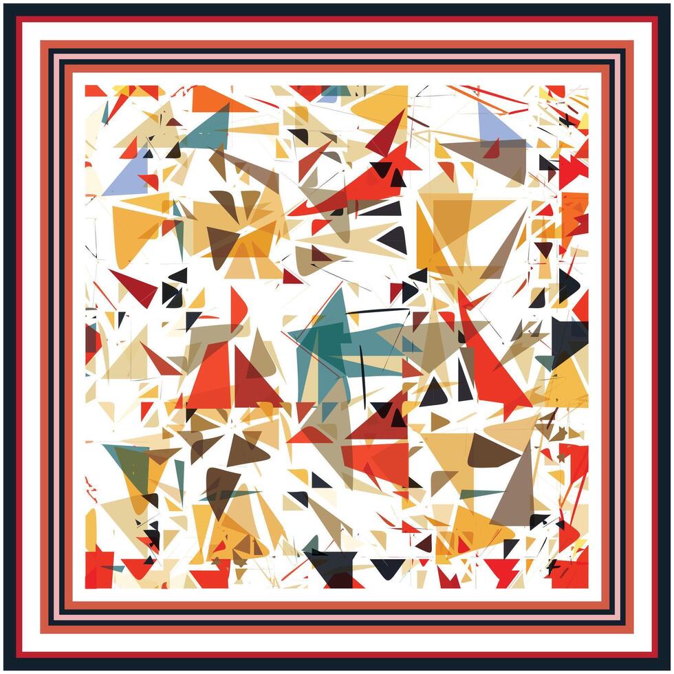 A colorful square scarf, abstract pattern filled with sharp triangles and geometric shapes, framed by bold striped borders in red and black. vector