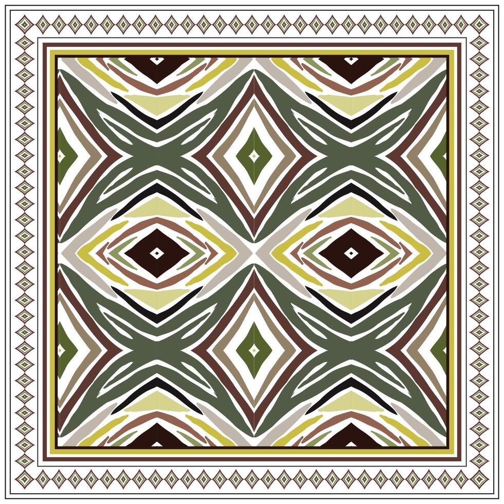 A geometric square print scarf pattern featuring overlapping diamonds and leaf shapes in earthy tones of green, brown, and yellow, framed with a decorative border. vector