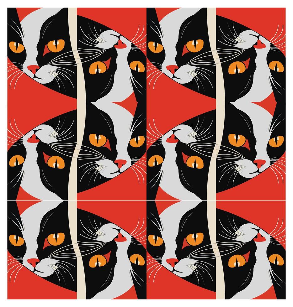 A geometric pattern featuring stylized black and white cats with bright orange eyes against a bold red background. vector