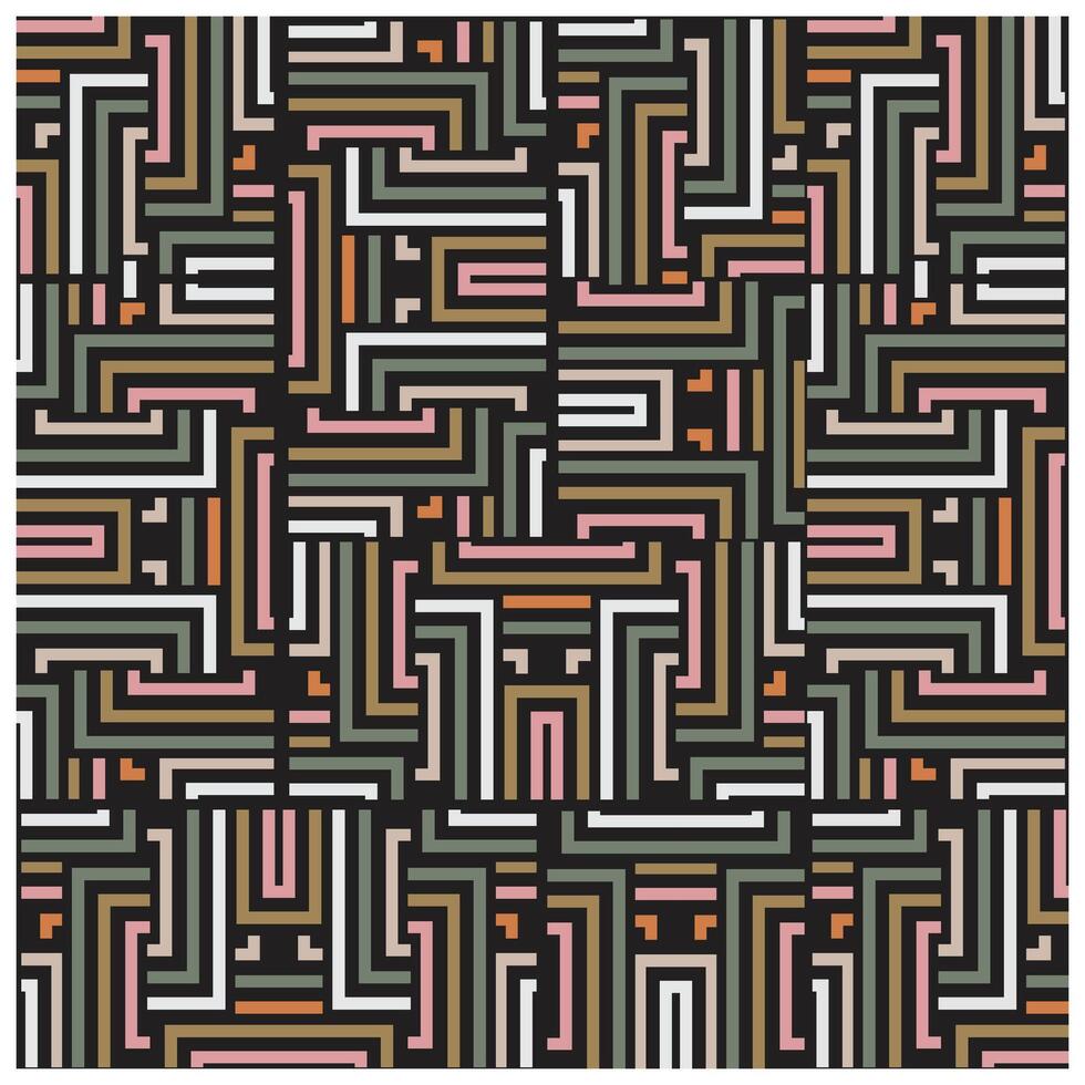 A geometric pattern featuring intertwined lines in muted colors of pink, green, and white against a dark background. vector