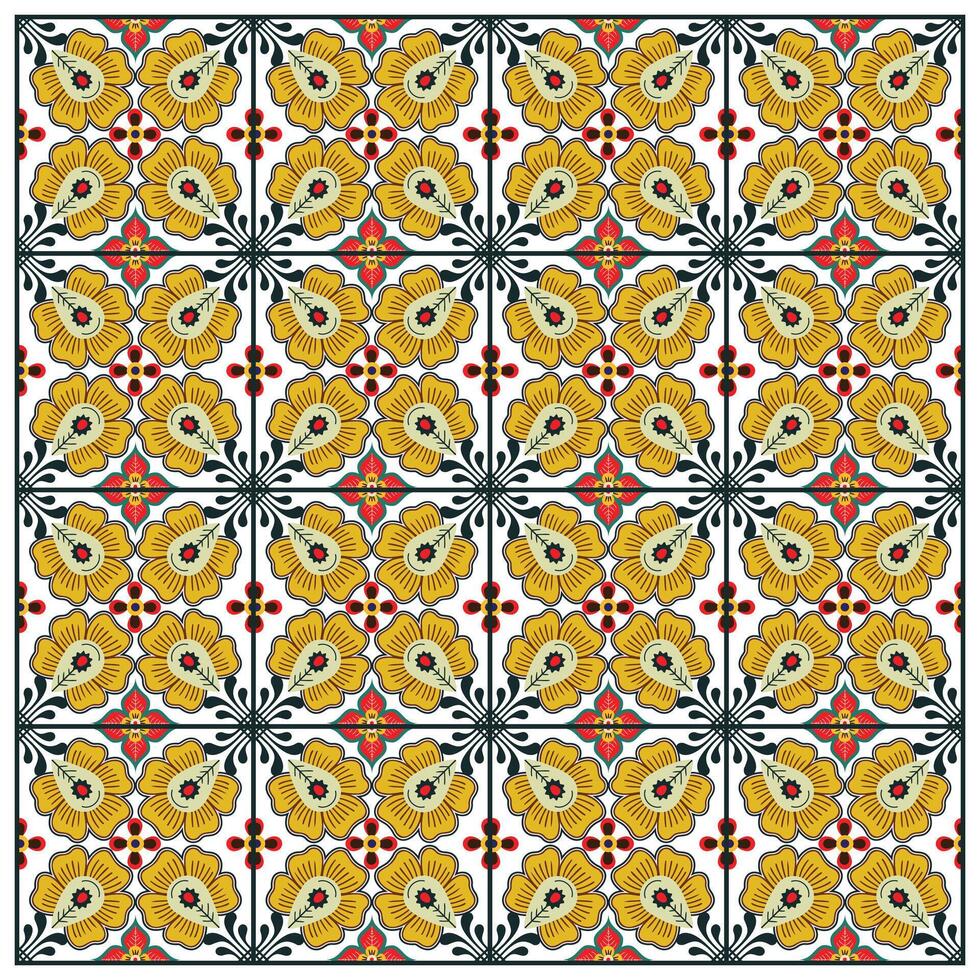 Colorful floral tile pattern featuring yellow flowers, red accents, and black outlines against a white background. vector