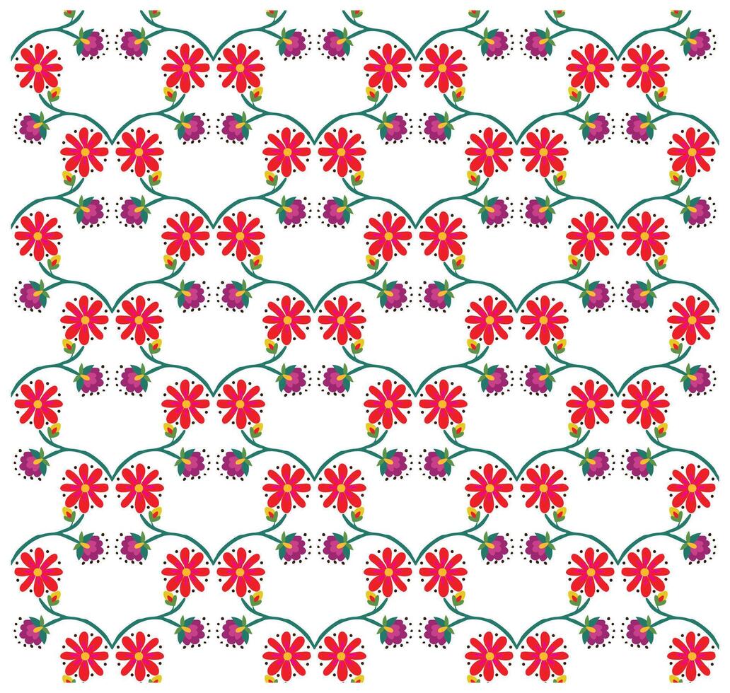 A vibrant floral pattern featuring alternating red flowers and purple buds on green stems against a white background. vector