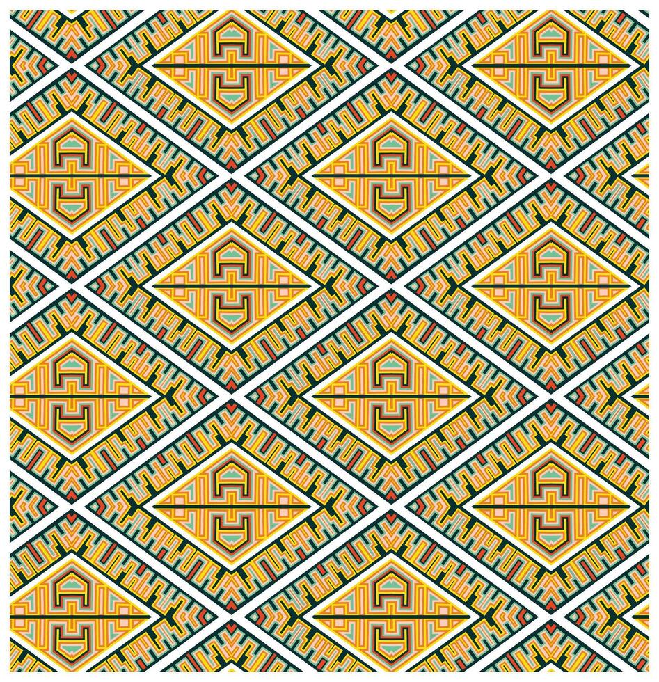 Colorful geometric pattern featuring diamond shapes with intricate lines and vibrant colors of orange, green, and pink against a white background. vector