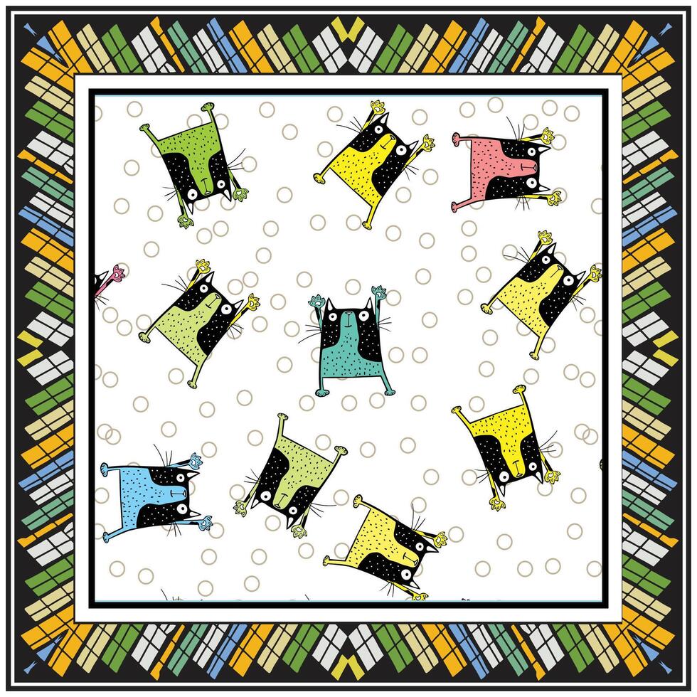 A whimsical square print scarf design featuring colorful, cartoonish cats in various poses, surrounded by bubbles on a white background with a patterned border. vector