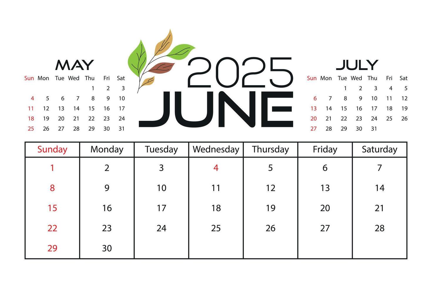 Elegant June 2025 calendar with decorative leaves and minimalist design. vector