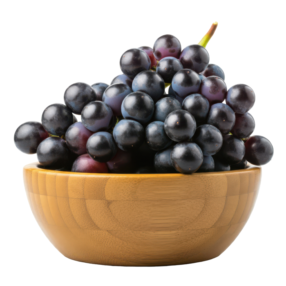 A Wooden Bowl Overflowing with Dark, Juicy Black Grapes png