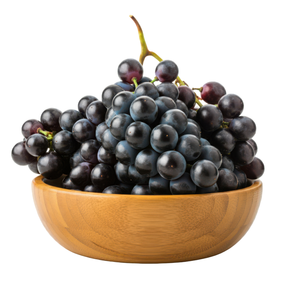 Black Grapes Overflowing from a Rustic Wooden Bowl png