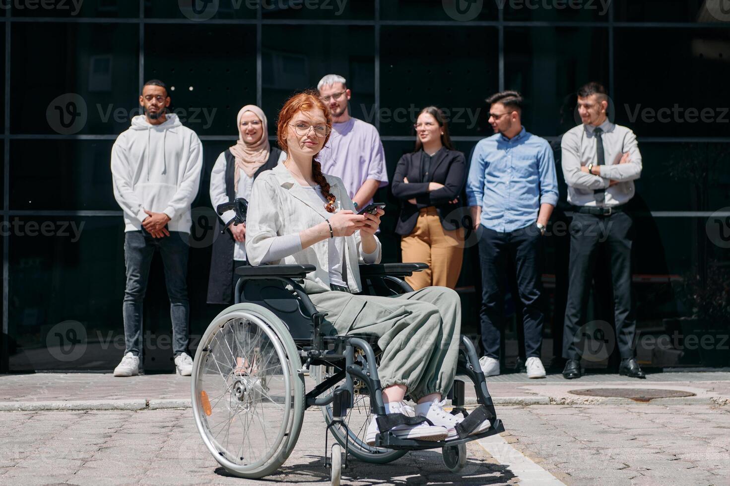 A diverse and confident group of businessmen posing together, with a businesswoman in a wheelchair radiating success, ambition, and unity, capturing the essence of a dynamic and inspiring business photo
