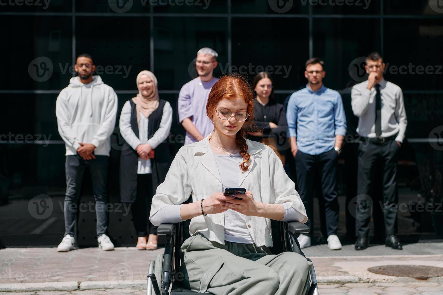 A diverse and confident group of businessmen posing together, with a businesswoman in a wheelchair radiating success, ambition, and unity, capturing the essence of a dynamic and inspiring business photo