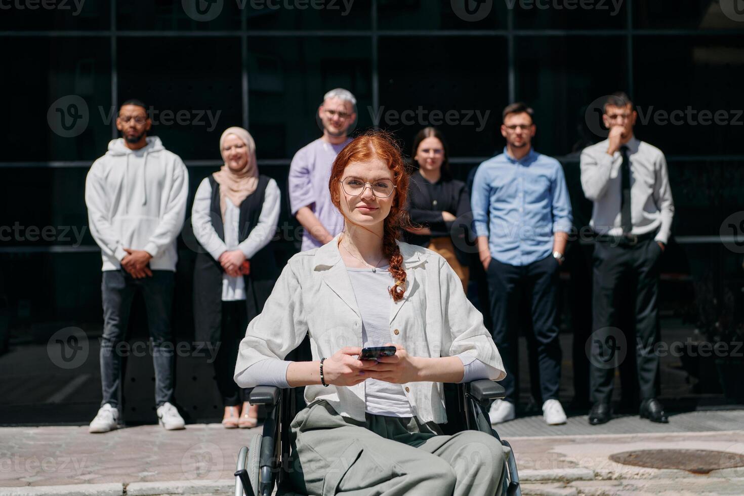 A diverse and confident group of businessmen posing together, with a businesswoman in a wheelchair radiating success, ambition, and unity, capturing the essence of a dynamic and inspiring business photo