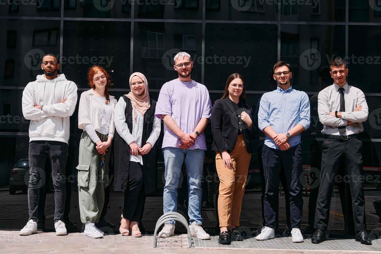 A diverse and confident group of businessmen posing together, radiating success, ambition, and unity, capturing the essence of a dynamic and inspiring business environment photo