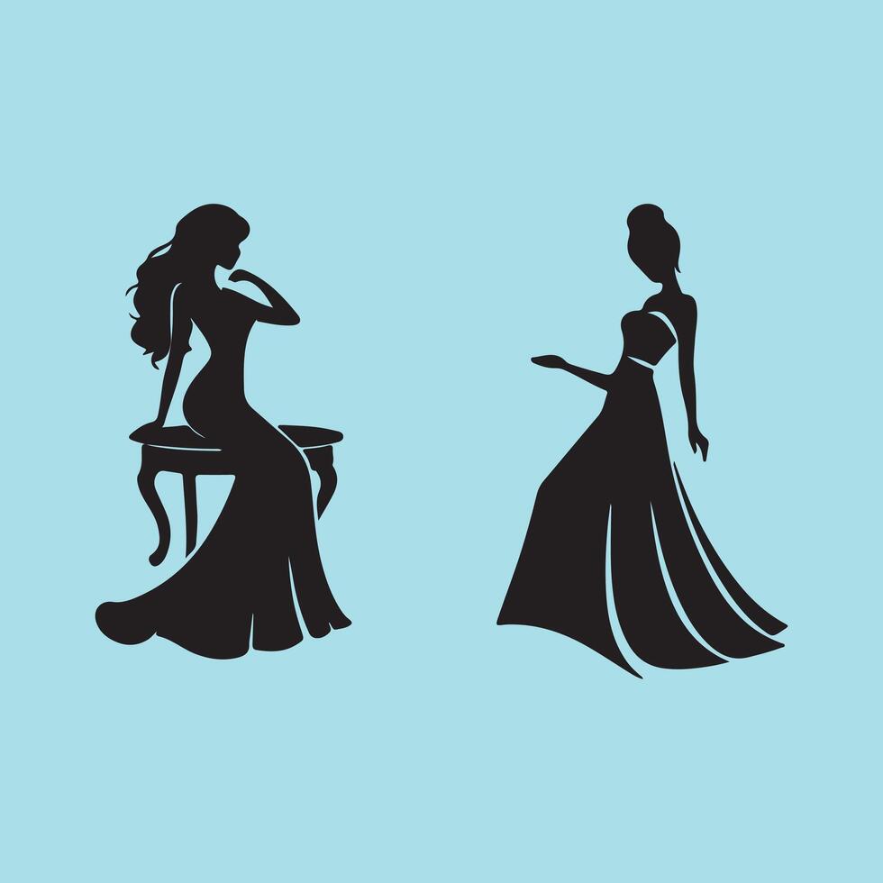 Silhouettes of two women in dresses, one sitting on a chair and the other standing vector