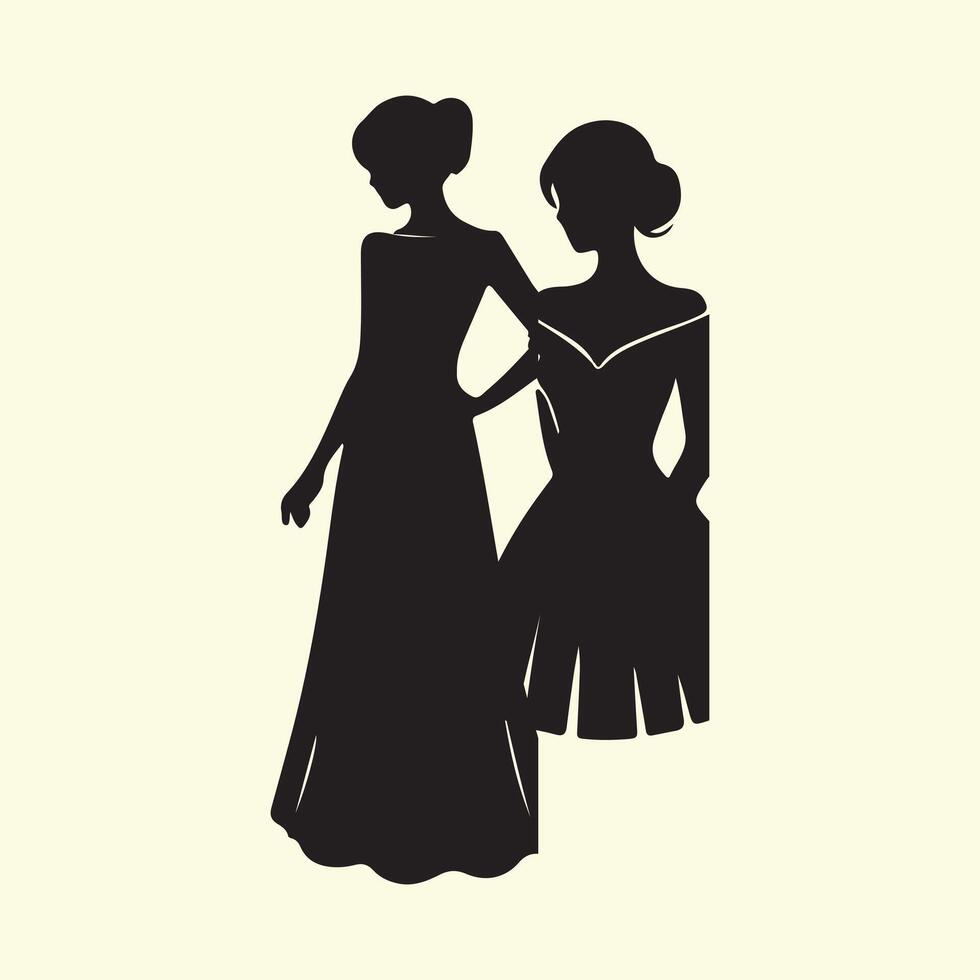 Silhouette of two women in dresses, one standing and the other standing vector