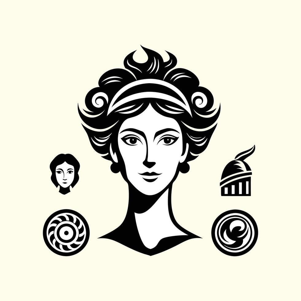 An illustration of a woman with a headdress and other symbols vector
