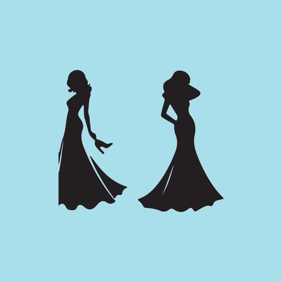 Silhouettes of two women in dresses on a blue background vector