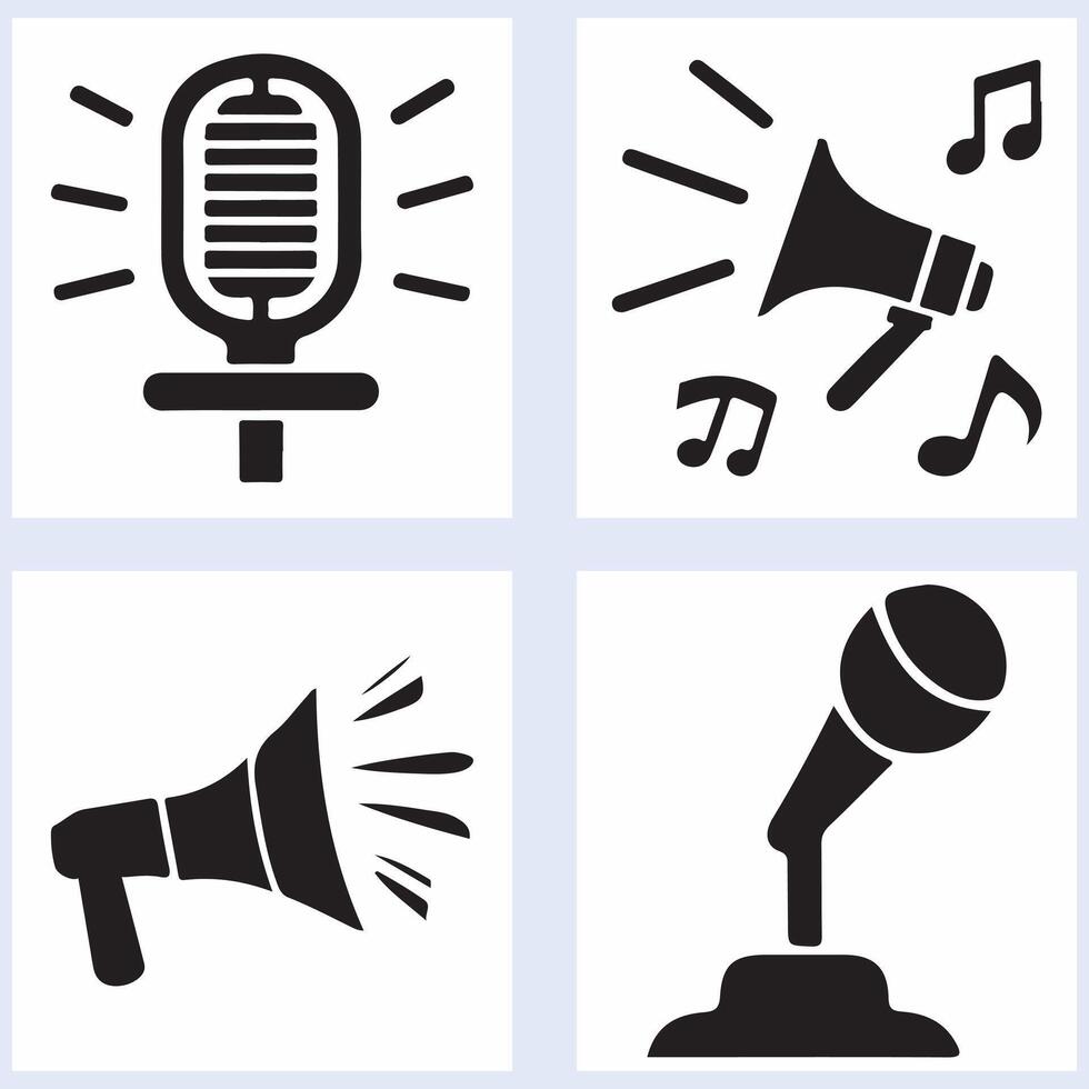 Creative Monochrome Microphone Megaphone and Speaker Icon Set silhouette on white background vector