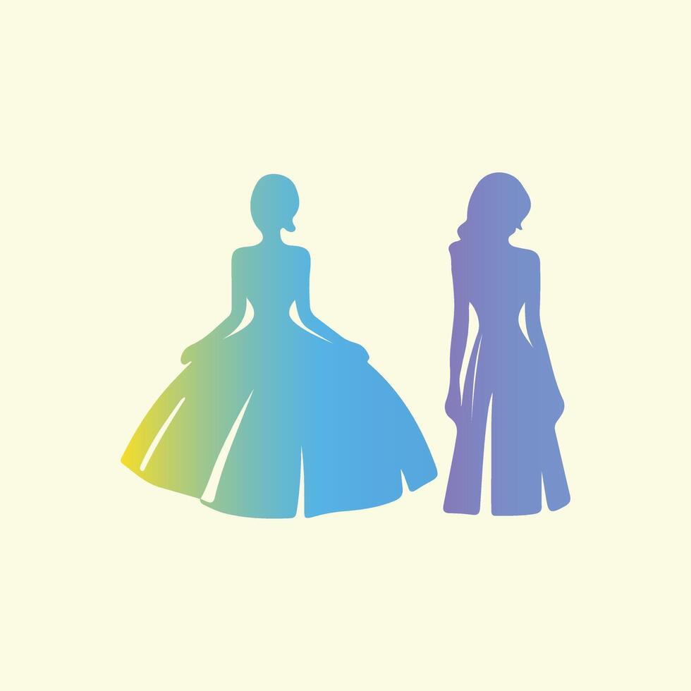 Two women in dresses are silhouetted against a light background vector